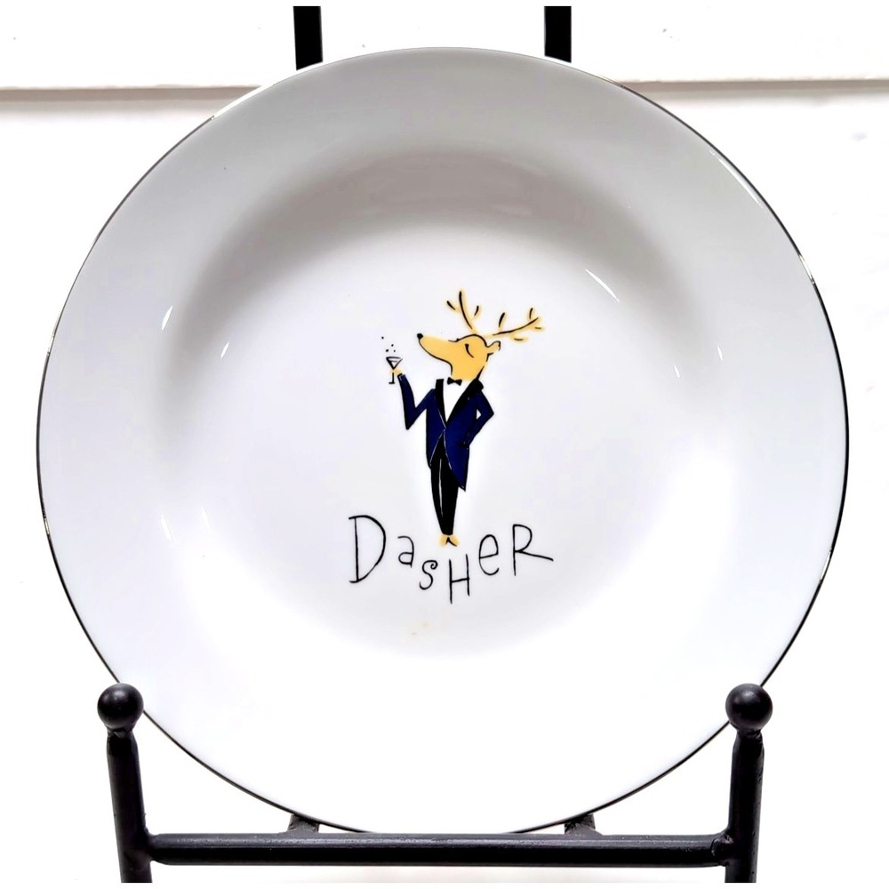Pottery Barn DASHER Reindeer Dinner Plate 11" Christmas Platinum Rim RETIRED